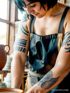Как вес влияет на тату A woman with a minimalist finger tattoo working at a pottery wheel wearing an apron short cropped black hair subtle linear t tatufoto.com 174