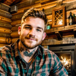 Как вес влияет на тату A young man with a Celtic knot shoulder tattoo sitting in a rustic cabin flannel shirt unbuttoned short brown hair warm ligh tatufoto.com 091