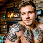 Как вес влияет на тату A young man with a Celtic knot shoulder tattoo sitting in a rustic cabin flannel shirt unbuttoned short brown hair warm ligh tatufoto.com 172