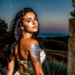 Как вес влияет на тату A young woman with a celestial shoulder tattoo gazing at the night sky wearing a strapless dress long dark hair cascading dow tatufoto.com 074
