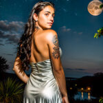 Как вес влияет на тату A young woman with a celestial shoulder tattoo gazing at the night sky wearing a strapless dress long dark hair cascading dow tatufoto.com 075