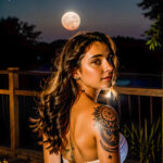 Как вес влияет на тату A young woman with a celestial shoulder tattoo gazing at the night sky wearing a strapless dress long dark hair cascading dow tatufoto.com 078