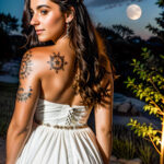Как вес влияет на тату A young woman with a celestial shoulder tattoo gazing at the night sky wearing a strapless dress long dark hair cascading dow tatufoto.com 153