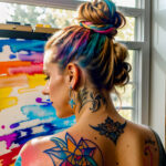 Как вес влияет на тату A young woman with a watercolor forearm tattoo sketching in an art studio wearing a loose shirt messy bun ink smudges on her tatufoto.com 068