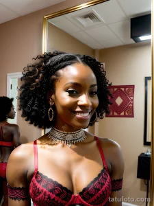 Лазер для удаления волос A striking African woman 26 years old short curly black hair dark radiant skin fit and toned physique standing in front of tatufoto.com 006