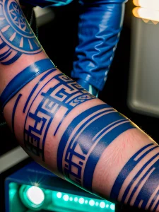 Фото тату на ноге. Рисунок татуировки представляет собой повторяющиеся геометрические узоры в синих тонах.