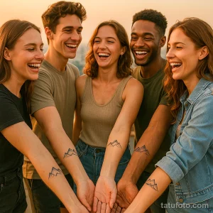 Фото тату: Пять человек с небольшими татуировками в виде силуэтов гор на предплечьях. Эскиз тату выполнен в минималистичном стиле черными линиями.