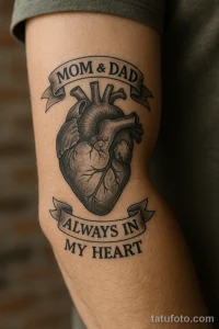 Фото тату с изображением сердца, окруженного лентой с надписью "MOM & DAD ALWAYS IN MY HEART". Символичный рисунок татуировки, эскиз в стиле реализм, символ любви и благодарности.