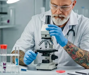 Фото тату на руке ученого, работающего с микроскопом в современной лаборатории. Изображение демонстрирует сочетание науки и искусства.