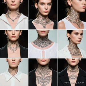 Коллаж из девяти фотографий татуировок на шее, выполненных в стиле blackwork с использованием геометрических и растительных узоров.