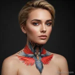 Фото тату: стилизованная татуировка ворона с яркими перьями, расположенная на шее девушки. Детализированный рисунок татуировки в синих, красных и оранжевых тонах.