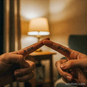 Фото тату: две руки с татуировками надписей "Stay" и "Strong" на пальцах. Черно-белые татуировки, символизирующие силу духа и мотивацию.