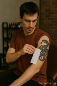Фото тату змеи, обвивающей предплечье мужчины. Черно-серая татуировка в реалистичном стиле, детально проработанные чешуйки.