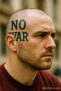 Фото татуировки с надписью 'NO WAR' на лице. Черные буквы, выражающие протест против войны.