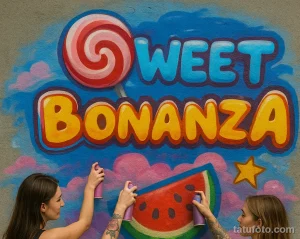 Фотография процесса создания граффити на стене с изображением надписи "Sweet Bonanza" и фруктов. Две девушки с баллончиками краски.