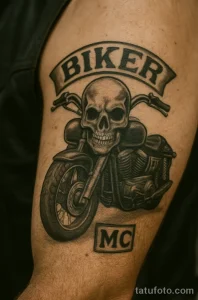 Фото тату черепа, сидящего на мотоцикле, с надписью 'BIKER MC'. Черно-серая татуировка на плече, популярная среди байкеров.