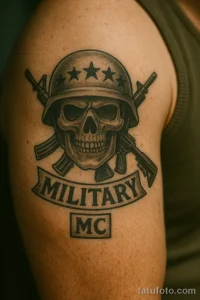 Фото тату с изображением черепа в каске, перекрещенного оружия и надписи 'MILITARY MC'. Черно-серая татуировка на плече, символизирующая военную службу и принадлежность к сообществу.