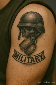 Фото тату с изображением черепа в каске, армейских жетонов и надписи 'MILITARY'. Черно-серая татуировка на плече, посвященная военной службе.