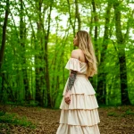 Фото девушки в белом платье с татуировкой на руке, стоящей спиной в лесу. Рисунок выполнен в стиле флористики.