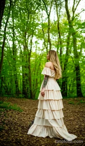 Фото девушки в белом платье с татуировкой на руке, стоящей спиной в лесу. Рисунок выполнен в стиле флористики.