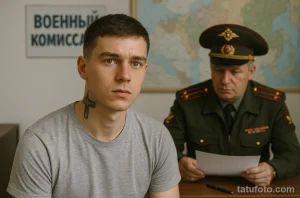 Фото тату: молодой человек с татуировкой креста на шее проходит медицинский осмотр. Татуировка выполнена в черном цвете.