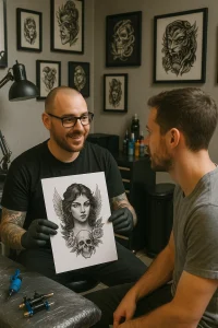 Фото эскиза татуировки с изображением ангела и черепа, выполненного в стиле blackwork. Детальный рисунок для вдохновения и выбора идеи.