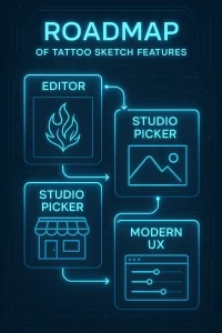 Иллюстрация дорожной карты разработки функций для онлайн-редактора эскизов татуировок. Фото демонстрирует планирование и развитие онлайн-сервиса для создания татуировок.