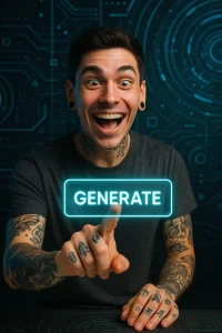 Молодой человек указывает пальцем на кнопку 'Generate' на экране, окруженный цифровыми элементами и татуировками на руках. Фото демонстрирует процесс создания татуировки с использованием современных технологий.