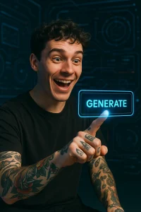 Молодой человек указывает пальцем на кнопку 'Generate' на экране, окруженный цифровыми элементами и татуировками на руках. Фото демонстрирует процесс создания татуировки с использованием современных технологий.