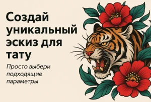 Фото тату: красочный эскиз татуировки с изображением рычащего тигра и пышных красных роз. Традиционный стиль, яркие цвета, детализированный рисунок.