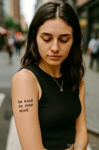 Фото татуировки на руке девушки: минималистичная надпись "be kind to your mind" черным шрифтом. Простая и вдохновляющая татуировка, подчеркивающая важность заботы о себе.