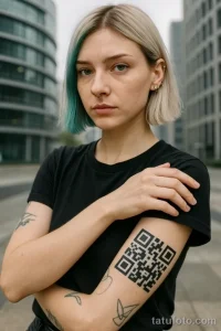 Фото тату на руке девушки: QR-код, выполненный черными чернилами. Современный и минималистичный дизайн, привлекающий внимание.