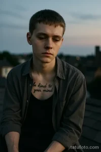 Фото татуировки на груди мужчины: минималистичная надпись "be kind to your mind" черным шрифтом. Простая и вдохновляющая татуировка.
