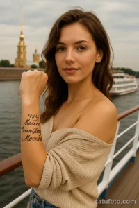Фото татуировки на руке с надписью "круиз Москвы Санкт-Петербург Москва". Изящный шрифт и минималистичный дизайн.