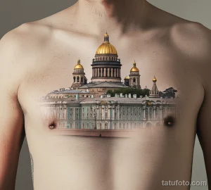 Фото татуировки на груди с изображением Исаакиевского собора в Санкт-Петербурге. Детализированный рисунок в реалистичном стиле.
