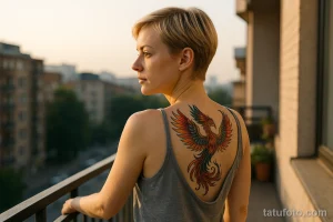 Фото тату феникса на спине девушки. Яркий рисунок с детально проработанными перьями в оранжево-красной гамме. Идеально для вдохновения и поиска идей.