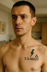 Фото тату молнии и треугольника на груди мужчины. Черно-серая татуировка, расположенная на верхней части груди.