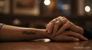 Фото тату надписи 'Forever' на руке. Элегантный рисунок татуировки выполнен черными чернилами каллиграфическим шрифтом.