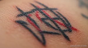 Фото крупным планом татуировки на коже, выполненной в черном и красном цветах. Видны четкие линии и детали рисунка.