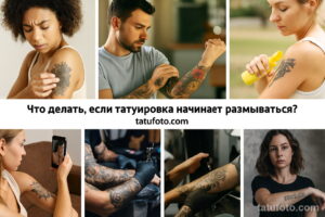 Коллаж фотографий, демонстрирующий проблемы с татуировкой: покраснение, шелушение, потеря четкости контуров. Иллюстрация ухода за тату.