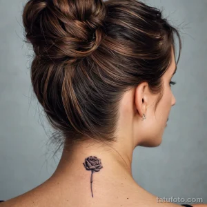 Фото тату: маленькая, реалистичная татуировка в виде черной розы, расположенная на шее девушки с собранными волосами.