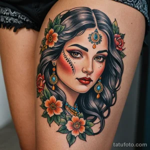 00290-A_close-up_of_a_woman's_thigh,_a_stunning,_neo-traditional_tattoo_of_a_beautiful_gypsy_woman's_face,_1587661553 2025 №91 - фото tatufoto.com