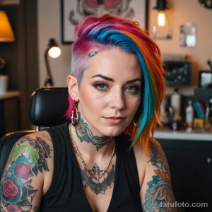 00345-A_medium_shot_of_a_woman_with_a_very_alternative_style_(piercings,_colorful_hair)_looking_completely_at_home_in_the_tattoo_chair_1587661608 2025 №100 - фото tatufoto.com