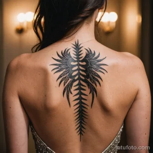 00379-A_sensual_close-up_of_a_woman's_back,_with_a_spine_tattoo,_visible_through_the_open_back_of_her_evening_dress,_1587661642 2025 №106 - фото tatufoto.com