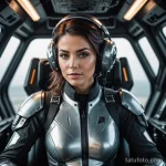 A beautiful female pilot in a sleek, futuristic flight suit, sitting in her mech warrior cockpit, a minimalist tattoo of a space 2025 №02 - фото tatufoto.com