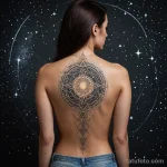 A beautiful tattoo design of a woman's back, where her spine is a luminous, glowing pillar of light (the Axis Mundi), with sacre 2025 №05 - фото tatufoto.com