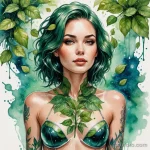 A beautiful woman floating in a hydroponics bay on a starship, surrounded by green plants, a watercolor style tattoo of a tree o 2025 №06 - фото tatufoto.com