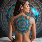 A beautiful woman in a meditative pose, floating, surrounded by holographic mandalas, a real, intricate mandala tattoo on her lo _1 2025 №09 - фото tatufoto.com
