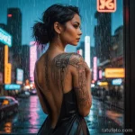 A beautiful woman looking at her reflection in a rain streaked window of a futuristic city, the neon lights highlighting a singl 2025 №10 - фото tatufoto.com