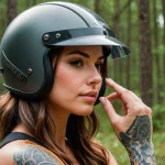 A beautiful woman looking at her reflection in her helmet's visor, a small, empowering word tattooed on her knuckles, _1 2025 №11 - фото tatufoto.com